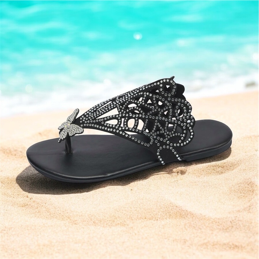 RoseSeek Women Sparkly Butterfly Rhinestone Flat Thong Sandals Black Size 7.5 38